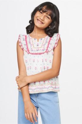 floral polyester round neck girls top - off white