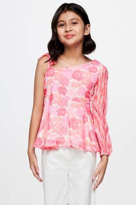 floral polyester round neck girls top - pink