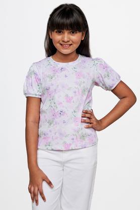 floral polyester round neck girls top - white