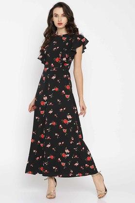 floral polyester round neck women's a-line dress - black