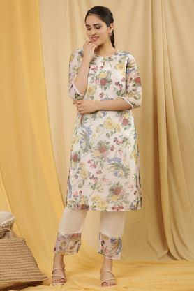 floral polyester round neck women's casual wear kurta - white