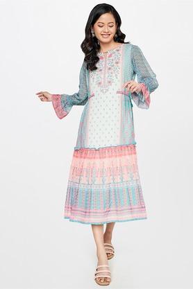 floral polyester round neck women's ethnic dress - sage