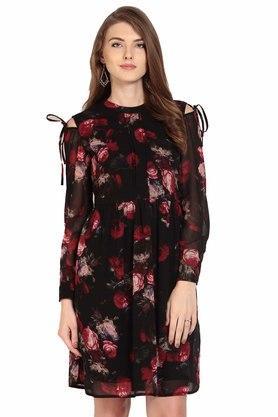 floral polyester round neck women's flared dress - black