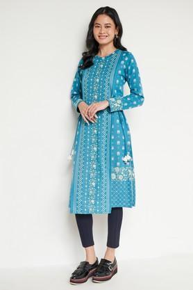 floral polyester round neck women's kurta - aqua