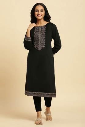 floral polyester round neck women's kurta - black