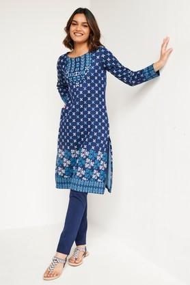 floral polyester round neck women's kurta - indigo