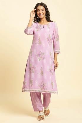 floral polyester round neck women's kurta - pink