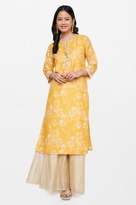 floral polyester round neck women's kurta - yellow