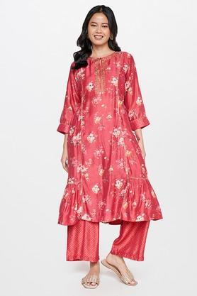 floral polyester round neck women's kurta pant set - pink