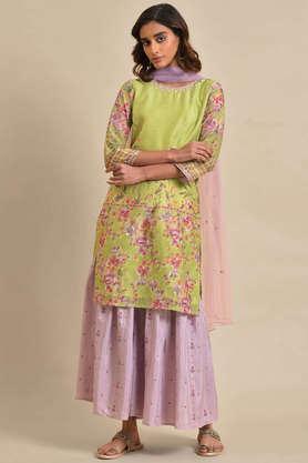 floral polyester round neck women's kurta sharara dupatta set - green