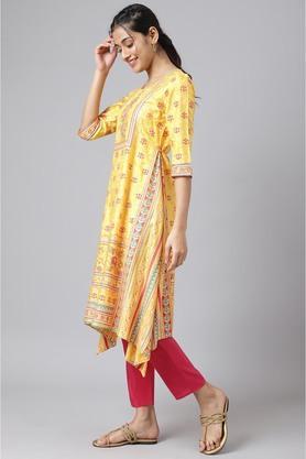 floral polyester round neck women's kurta trouser dupatta set - yellow