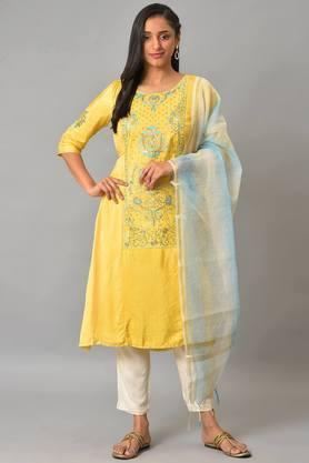 floral polyester round neck women's kurta trouser dupatta set - yellow