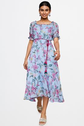 floral polyester round neck women's maxi dress - aqua