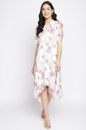 floral polyester round neck women's maxi dress - ivory