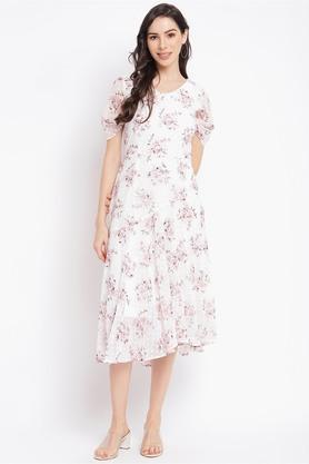 floral polyester round neck women's maxi dress - ivory