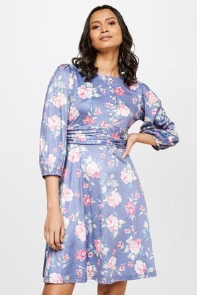 floral polyester round neck women's midi dress - multi