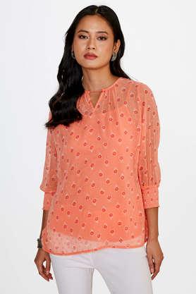 floral polyester round neck women's top - orange