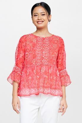 floral polyester round neck women's top - pink
