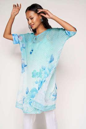 floral polyester round neck women's tunic - aqua