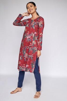 floral polyester round neck women's tunic - red