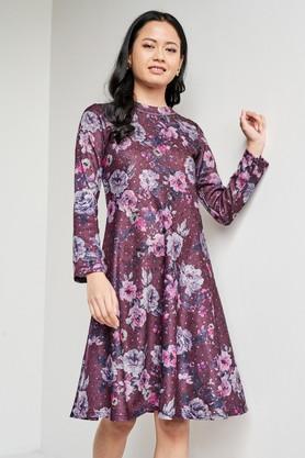 floral polyester round neck women's tunic - wine