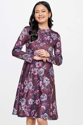 floral polyester round neck women's tunic - wine