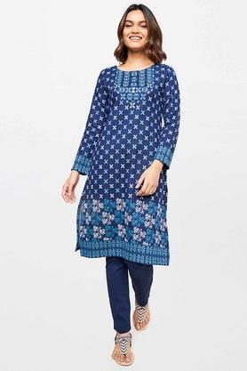 floral polyester round neck womens kurta - indigo