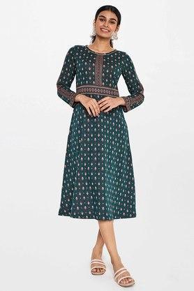 floral polyester round neck womens mini dress - dark green