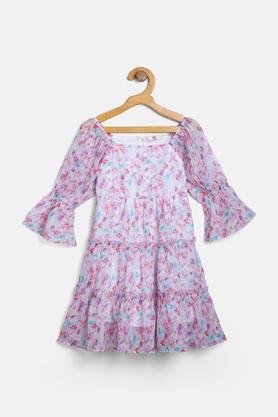 floral polyester square neck girls casual wear dress - multi