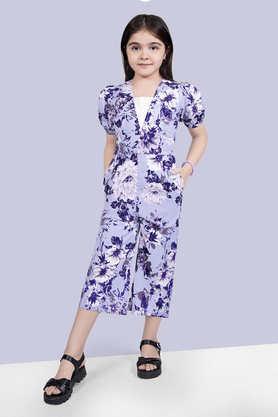 floral polyester square neck girls casual wear jumpsuit - lavender