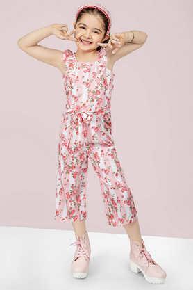 floral polyester square neck girls casual wear jumpsuit - pink