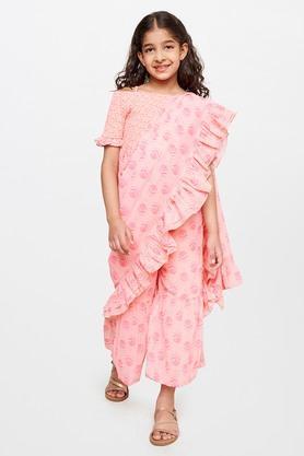 floral polyester square neck girls kurta set - pink