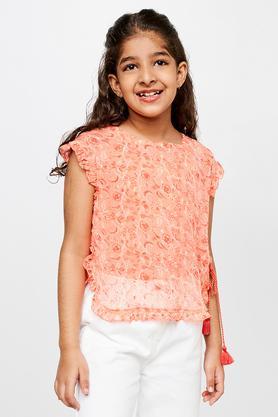 floral polyester square neck girls top - coral