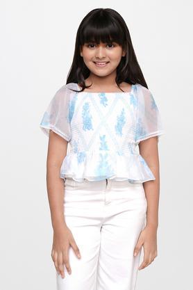 floral polyester square neck girls top - light blue