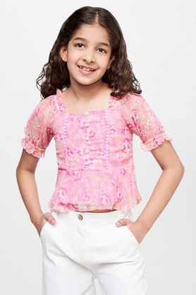floral polyester square neck girls top - pink