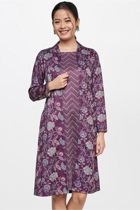 floral polyester square neck women's ethnic dress - lilac