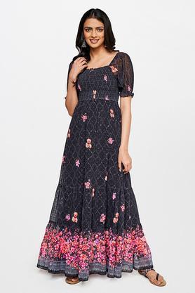 floral polyester square neck women's gown - black