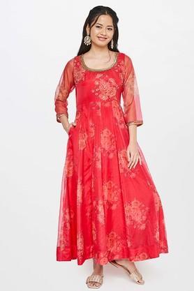 floral polyester square neck women's gown - red