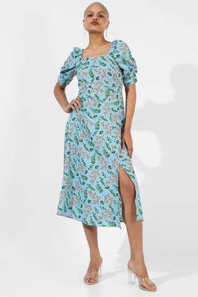 floral polyester square neck women's maxi dress - blue