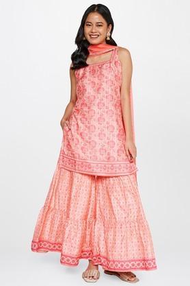 floral polyester square neck women's salwar suit - pink