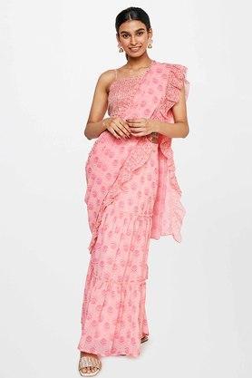 floral polyester square neck womens stitched saree - pink