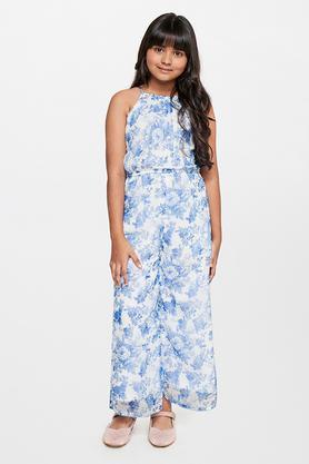 floral polyester straight fit girls jumpsuit - light blue
