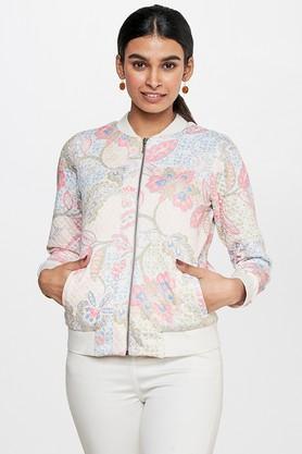 floral polyester straight fit women's jacket - off white