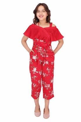 floral polyester sweetheart neck girls casual wear jumpsuits - red