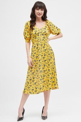 floral polyester sweetheart neck women's midi dress - yellow