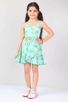 floral polyester v-neck girls casual wear dress - green