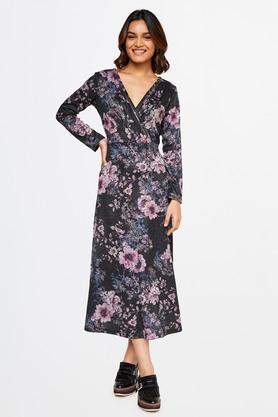 floral polyester v neck women's gown - grey