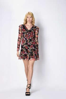floral polyester v-neck women's knee length dress - black