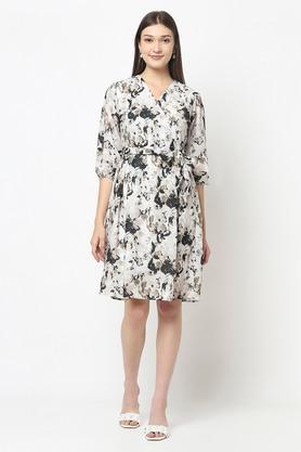floral polyester v neck women's knee length dress - off white