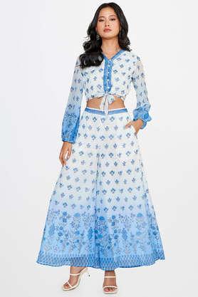 floral polyester v neck women's kurta palazzo set - blue